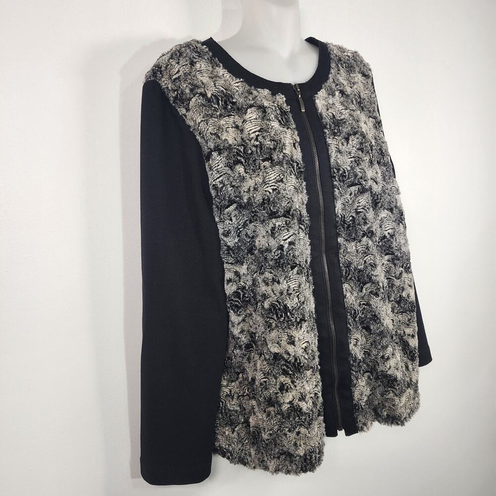Alfred Dunner Womens Faux Fur Cardigan Sweater Full Zip Size 12 Black Abstract - Picture 4 of 11